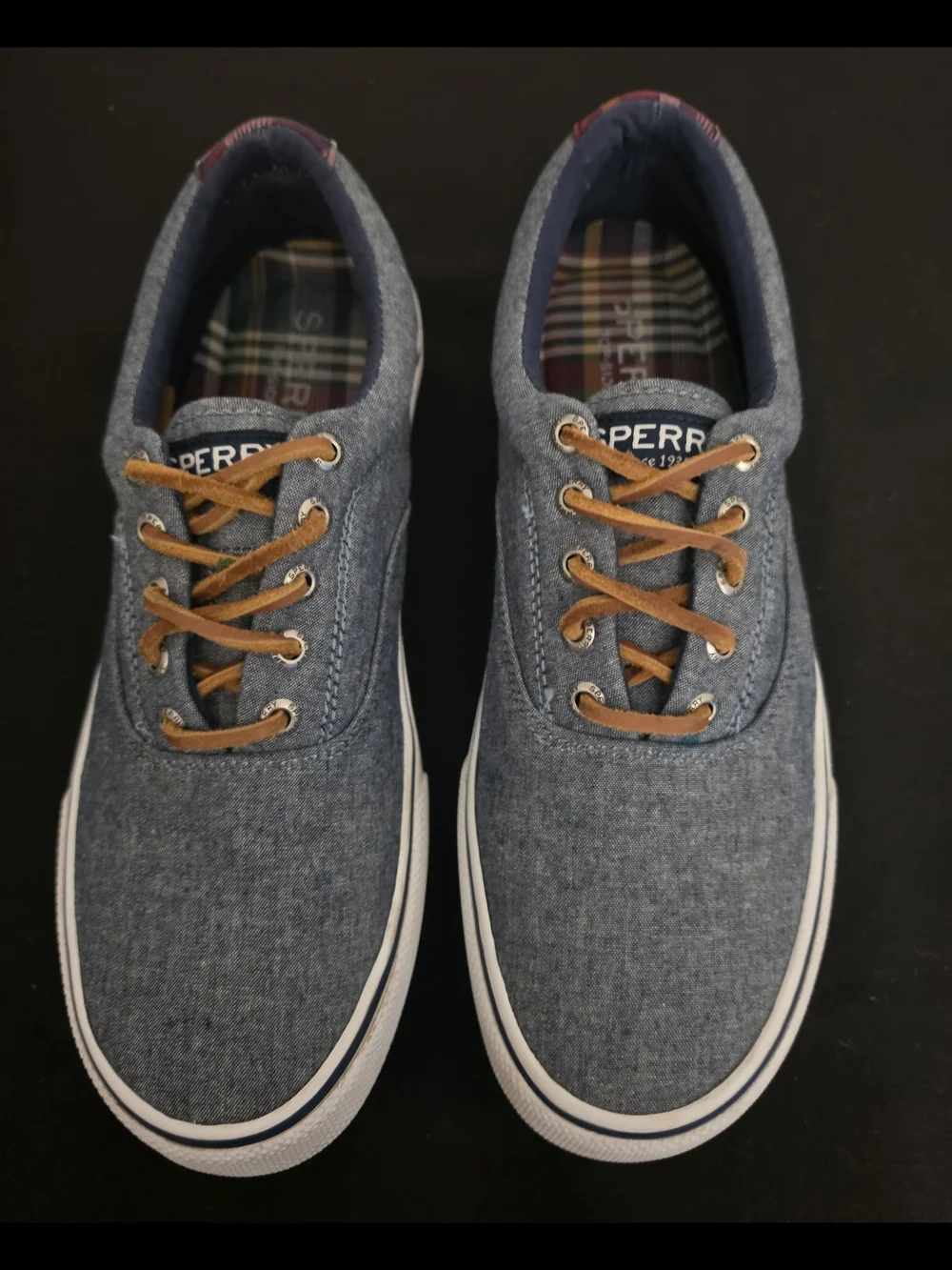 Sperry Denim Blue Canvas Boat Shoes with Tan Laces
